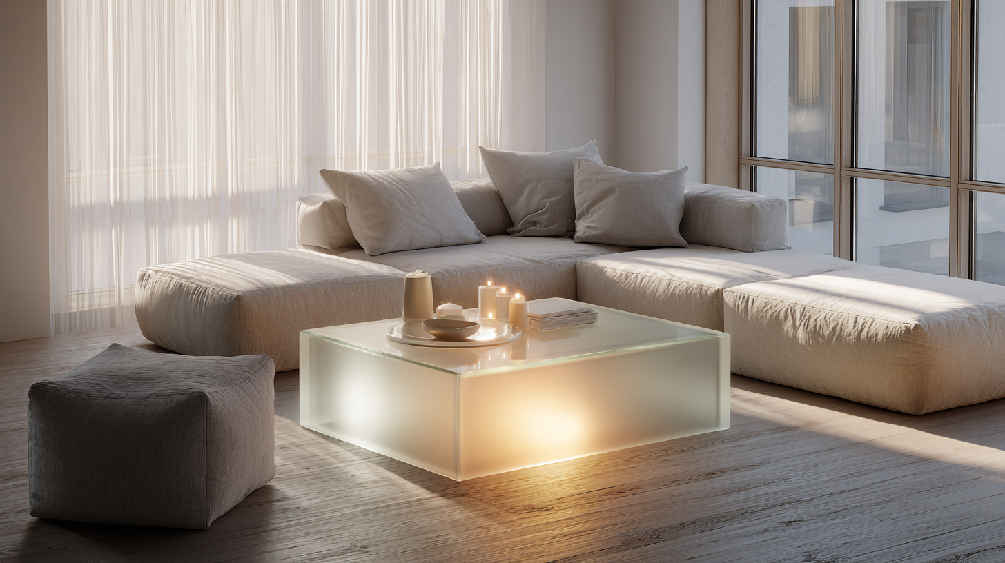 Loft mit PCM-Couchtisch aus Recyclingglas, abendliche Wärmeabgabe