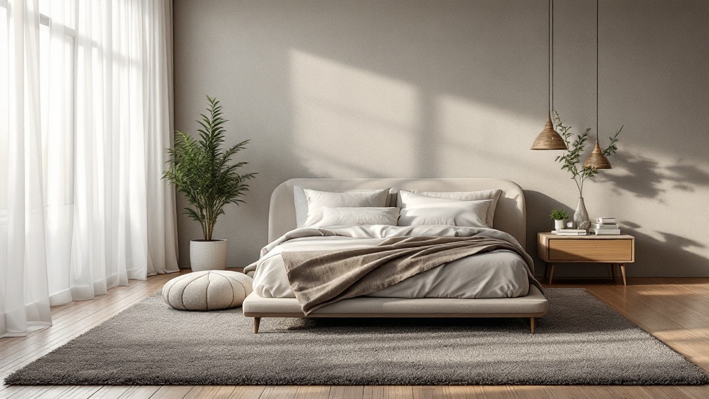 Schlafzimmer mit großem Teppich unter dem Bett